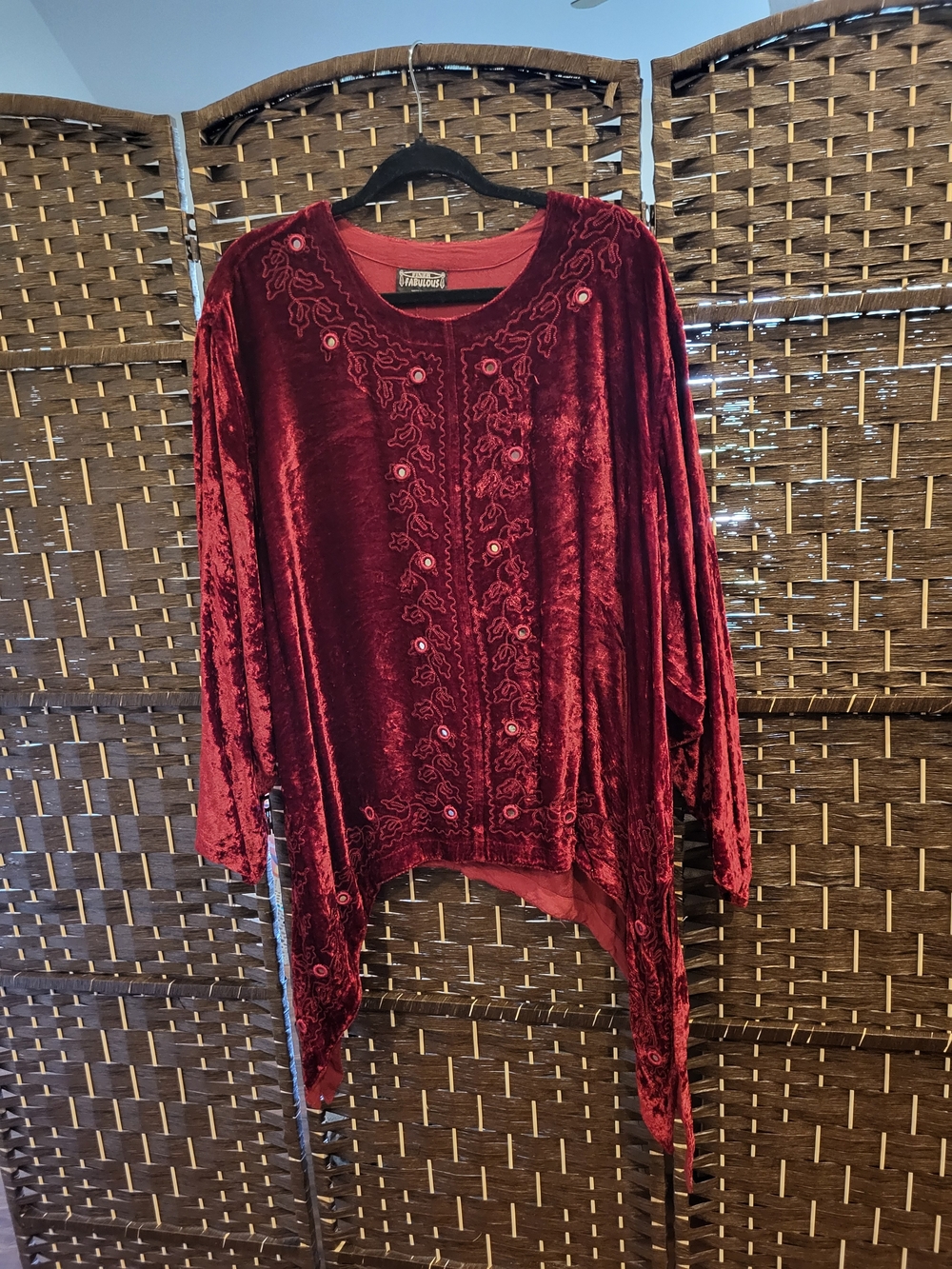 Embroidered Velvet Tunic Top in Deep Wine Red